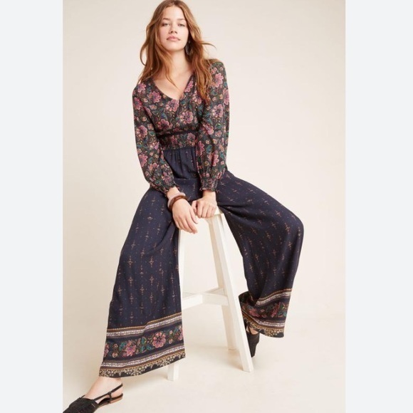 Farm Rio For Anthropologie Giuliana Wide-Leg Jumpsuit Black Motif Size Medium